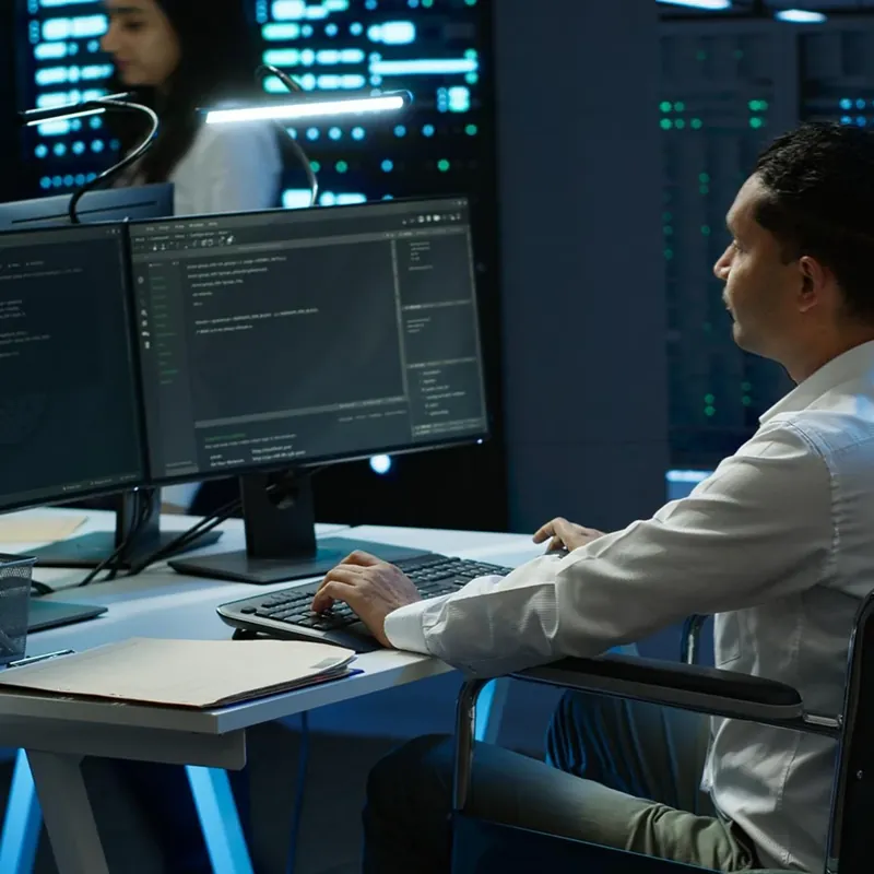IT engineer monitoring systems in a server room
